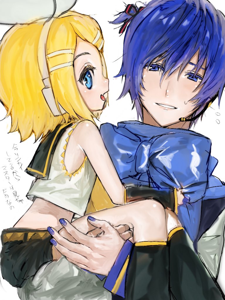 1boy 1girl bangs bare_shoulders black_collar black_shorts blonde_hair blue_hair blue_nails blue_scarf bow carrying child collar collared_shirt crop_top fang from_side hair_bow hair_ornament hairclip headphones holding_another kagamine_rin kaito korpokkur_kne leg_warmers looking_at_viewer nail_polish open_mouth sailor_collar scarf shirt short_hair short_shorts shorts skin_fang sleeveless sleeveless_shirt smile sweat swept_bangs tied_hair translated vocaloid white_bow white_shirt younger