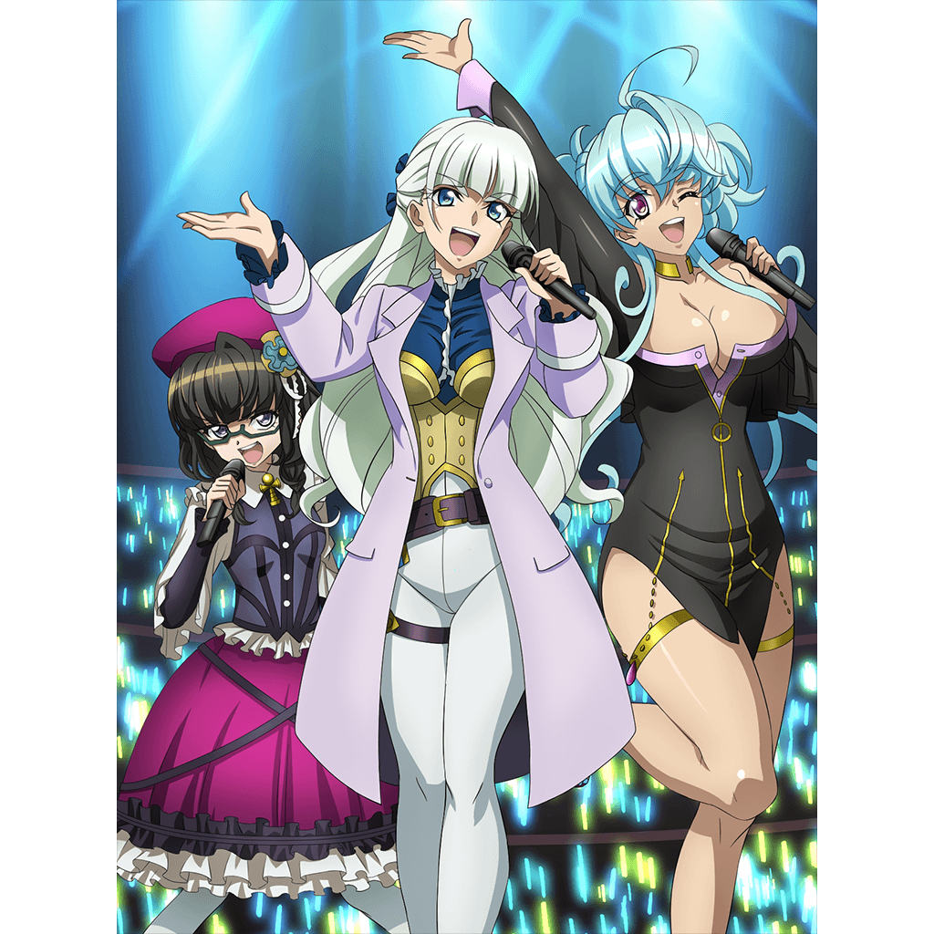 3girls ahoge artist_request black_hair blue_eyes blue_hair blush breasts cagliostro_(symphogear) cleavage concert eyebrows_visible_through_hair formal glasses gothic_lolita green_hair hat idol indoors large_breasts lolita_fashion long_hair looking_at_viewer multiple_girls official_art one_eye_closed open_mouth prelati_(symphogear) purple_eyes purple_headwear saint-germain_(symphogear) senki_zesshou_symphogear senki_zesshou_symphogear_xd_unlimited shiny shiny_hair small_breasts smile suit twintails