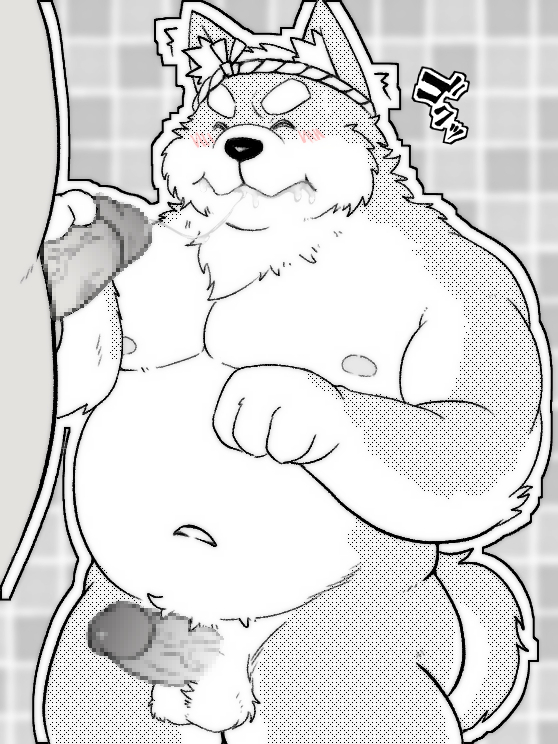 2021 anthro balls belly blush bodily_fluids canid canine canis censored cum cum_on_face domestic_dog duo eyes_closed genital_fluids genitals goujuyu japanese_text kemono male male/male mammal moobs navel nipples overweight overweight_male penis solo_focus text translation_request