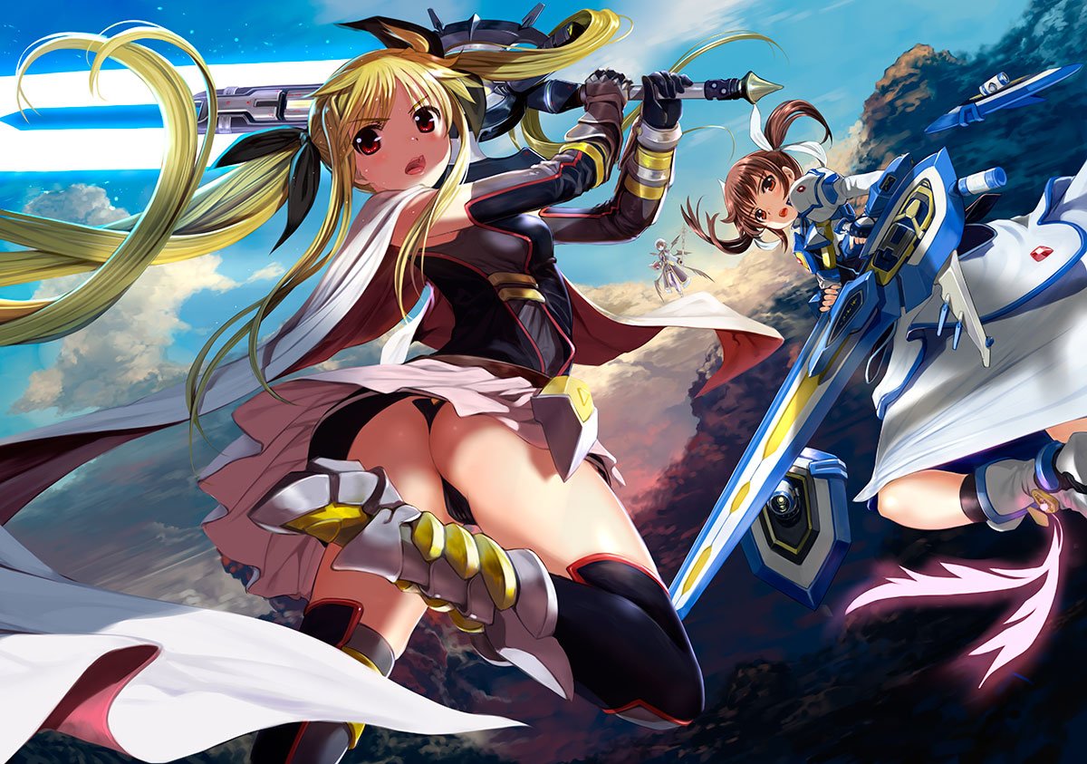 3girls ankle_wings ass bangs bardiche belt beret black_gloves black_legwear black_wings blonde_hair book boots breasts brown_eyes brown_hair cape cloud detached_sleeves energy_sword eyebrows_visible_through_hair fate_testarossa fingerless_gloves floating gauntlets gloves hair_ribbon hat juliet_sleeves long_hair long_sleeves looking_back lyrical_nanoha magical_girl mahou_shoujo_lyrical_nanoha mahou_shoujo_lyrical_nanoha_reflection mikazuki_akira! multiple_girls multiple_wings open_mouth parted_bangs puffy_sleeves ribbon schwertkreuz short_hair short_twintails skirt sky small_breasts staff strike_cannon sword takamachi_nanoha thighhighs tome_of_the_night_sky twintails very_long_hair weapon white_cape white_skirt wings yagami_hayate