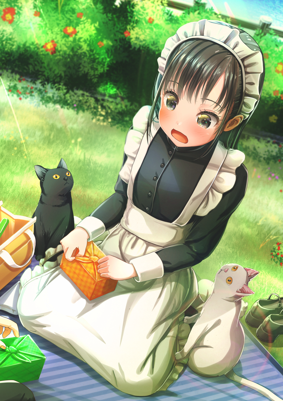 1girl abo_(kawatasyunnnosukesabu) animal apron black_cat black_eyes black_hair cat day grass highres long_hair maid maid_apron maid_headdress obentou open_mouth original out_of_frame outdoors picnic shoes_removed sitting wariza white_cat