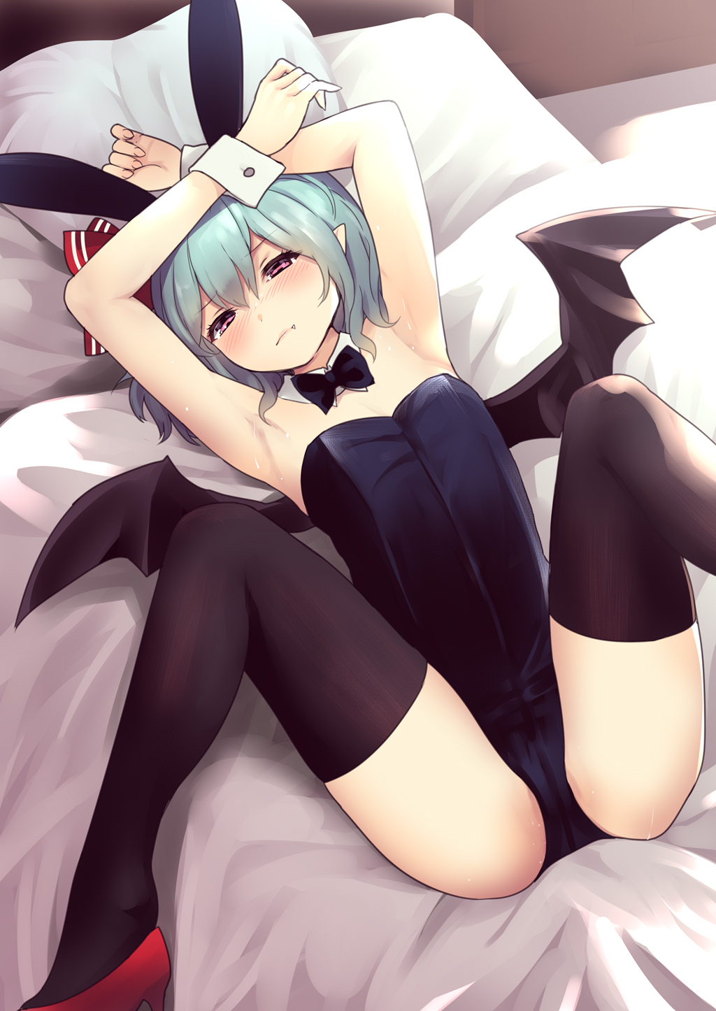 1girl animal_ears armpits arms_up bare_shoulders bat_wings black_legwear black_leotard blush bow bowtie bunny_ears commentary_request culter dutch_angle eyebrows_behind_hair fake_animal_ears feet_out_of_frame flat_chest hair_bow high_heels highres indoors leotard looking_at_viewer lying m_legs no_hat no_headwear on_back on_bed pillow pink_eyes pointy_ears red_bow remilia_scarlet short_hair solo thighhighs touhou wings wrist_cuffs