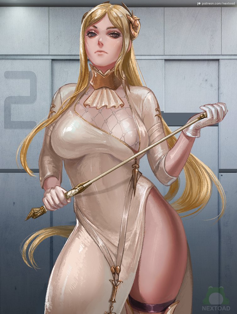 1girl blonde_hair breasts dress gloves grey_eyes large_breasts long_hair looking_at_viewer nextoad nier_(series) nier_automata patreon_username short_sleeves solo space_station thick_thighs thighhighs thighs turtleneck very_long_hair watermark white_dress white_gloves yorha_infantry_squad_commander