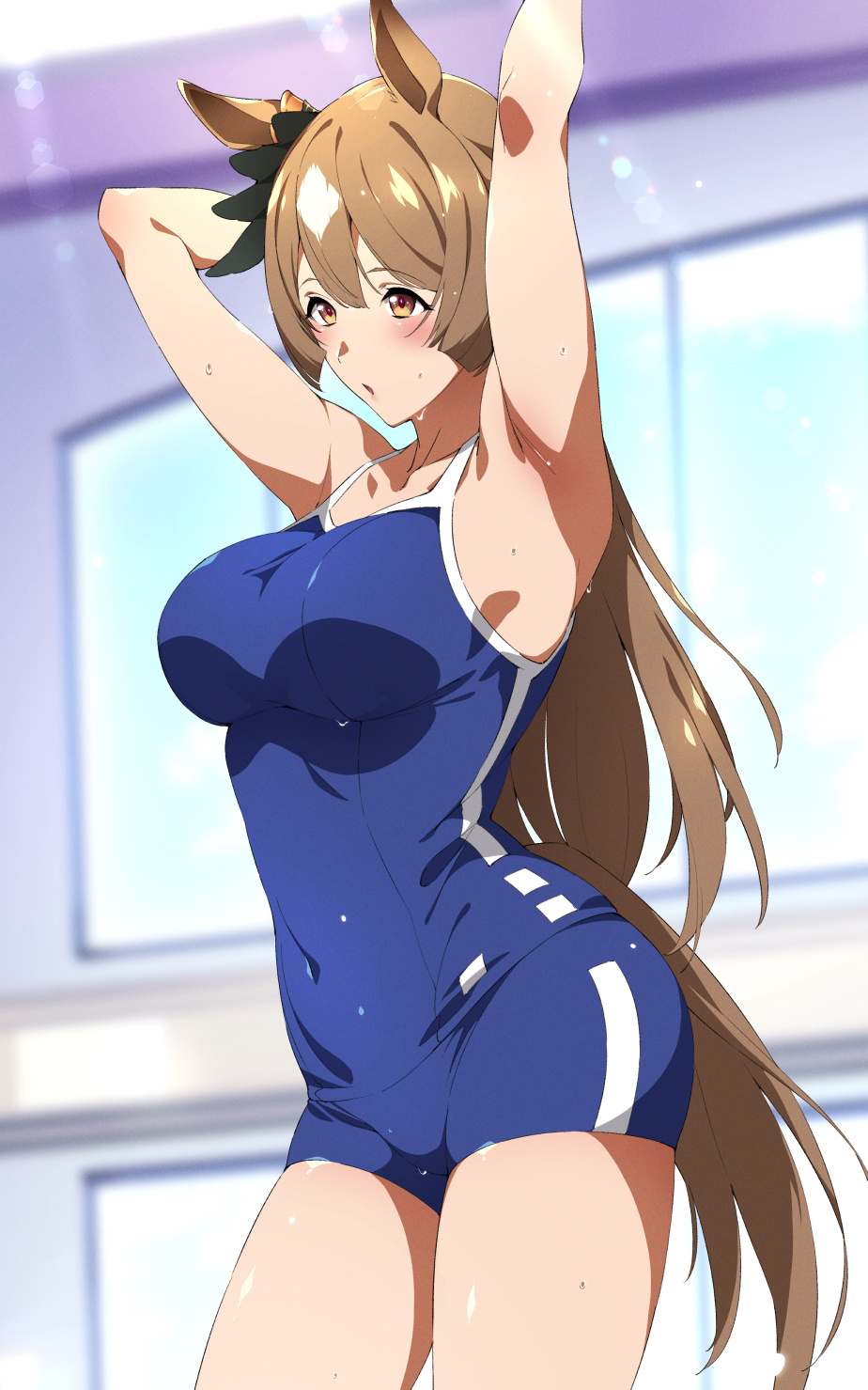 1girl animal_ears armpits black_ribbon blue_swimsuit breasts brown_eyes brown_hair commentary_request covered_navel hair_ribbon highres horse_ears horse_girl horse_tail indoors large_breasts long_hair one-piece_swimsuit ribbon satono_diamond solo sugarbeat swimsuit symbol_commentary tail thighs umamusume wet
