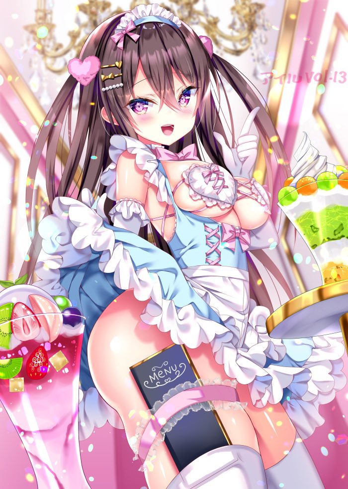 1girl :d apron ass bangs blue_dress breasts brown_hair chandelier commentary_request cream crossed_bangs cup dessert detached_sleeves dress drinking_glass food frilled_dress frills garters gloves hair_between_eyes hair_ornament hair_ribbon hairclip heart heart_hair_ornament index_finger_raised indoors lifted_by_self long_hair maid maid_apron maid_day maid_headdress medium_breasts menu nae-nae open_mouth original purple_eyes ribbon skindentation skirt skirt_lift smile solo table thick_thighs thighhighs thighs underboob upper_teeth white_gloves white_legwear