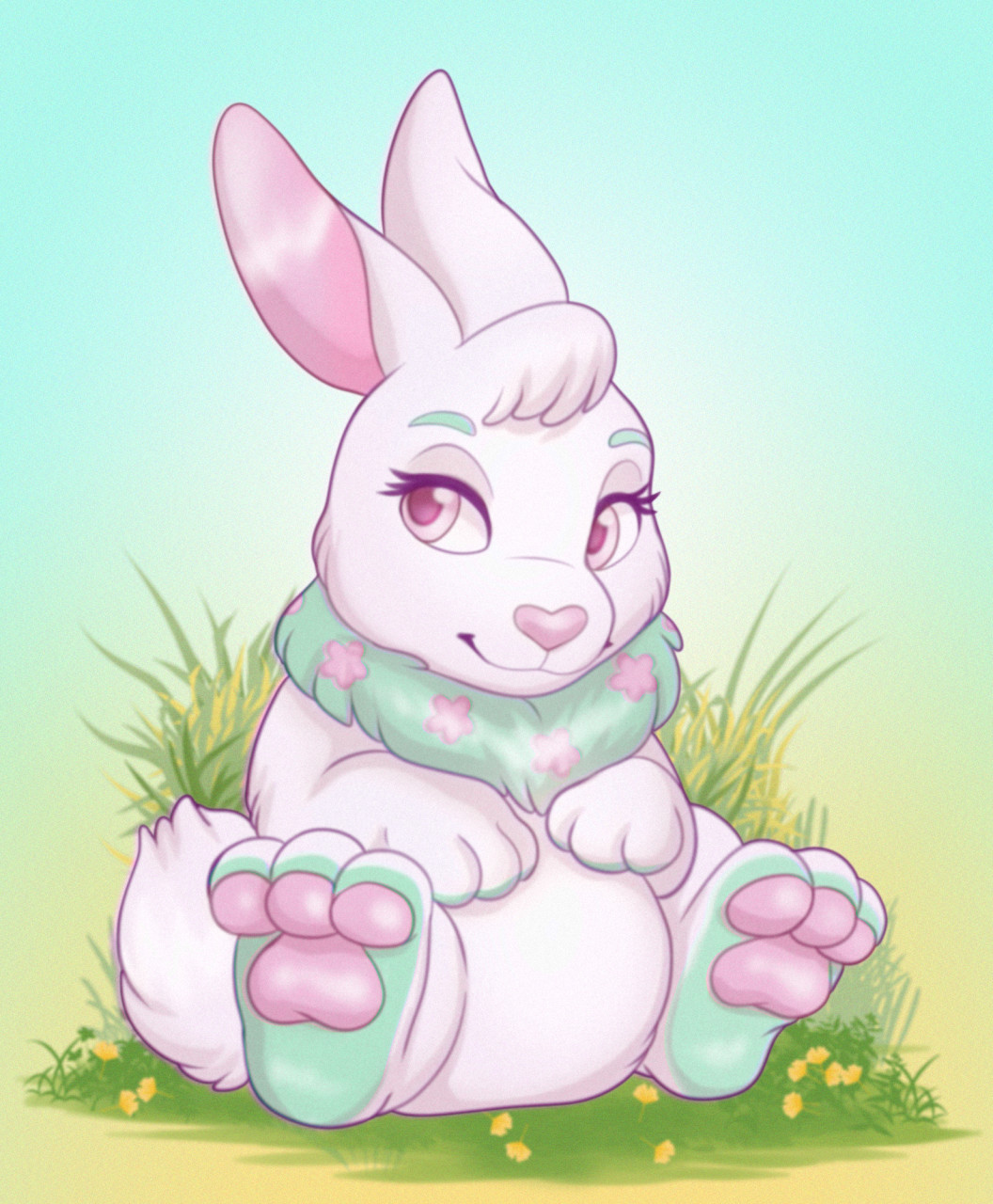 ambiguous_gender carnival-tricks cybunny feet feral flower grass hi_res jumpstart_games long_ears neopet_(species) neopets pawpads plant sitting smile solo video_games