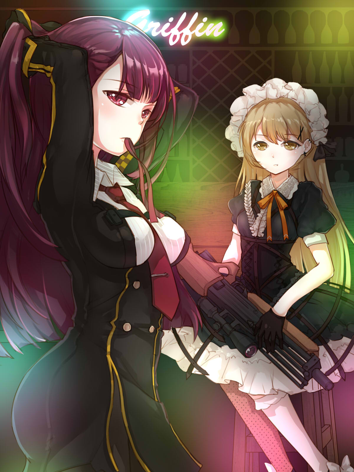 2girls adjusting_hair banluoli breasts bullpup dress girls_frontline gothic_lolita gun highres holding holding_weapon light_brown_eyes light_brown_hair lolita_fashion long_hair medium_breasts multiple_girls ppk_(girls_frontline) purple_eyes purple_hair rifle short_dress sniper_rifle very_long_hair wa2000_(girls_frontline) walther walther_wa_2000 weapon