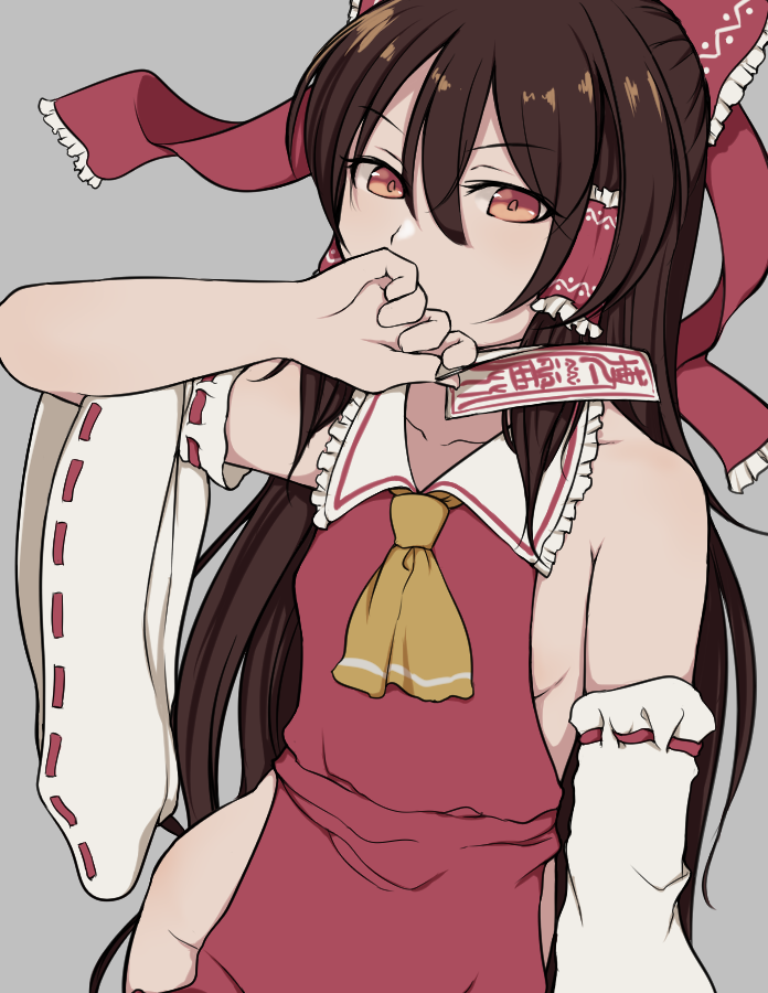 1girl ascot bad_anatomy bangs between_fingers bow breasts brown_hair covering_mouth detached_sleeves eyebrows_visible_through_hair frilled_bow frilled_ribbon frilled_shirt_collar frills grey_background hair_between_eyes hair_bow hair_ribbon hair_tubes hakurei_reimu hand_over_own_mouth hand_up hip_vent holding long_hair looking_at_viewer marsen ofuda orange_eyes red_bow red_ribbon red_shirt red_skirt ribbon ribbon-trimmed_sleeves ribbon_trim shirt sideboob simple_background skirt skirt_set solo talisman touhou very_long_hair wide_sleeves yellow_neckwear