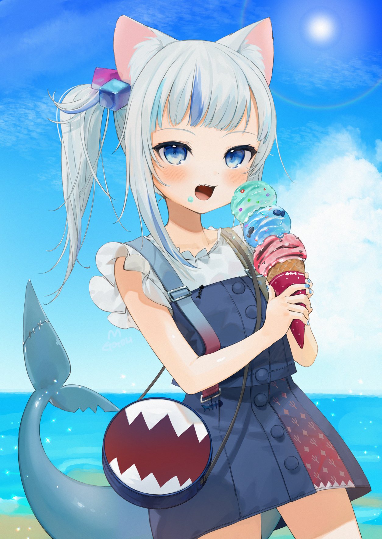 1girl animal_ear_fluff animal_ears bag bangs beach blue_eyes blue_hair blue_nails blue_skirt blue_vest blunt_bangs blush buttons cat_ears cowboy_shot fish_tail food food_on_face gawr_gura gotoh510 hair_cubes hair_ornament highres holding hololive ice_cream ice_cream_cone long_hair looking_at_viewer multicolored_hair ocean official_alternate_costume open_mouth outdoors shark_tail sharp_teeth shirt shoulder_bag side_ponytail sidelocks skirt skirt_set sky solo streaked_hair tail teeth vest virtual_youtuber white_hair white_shirt