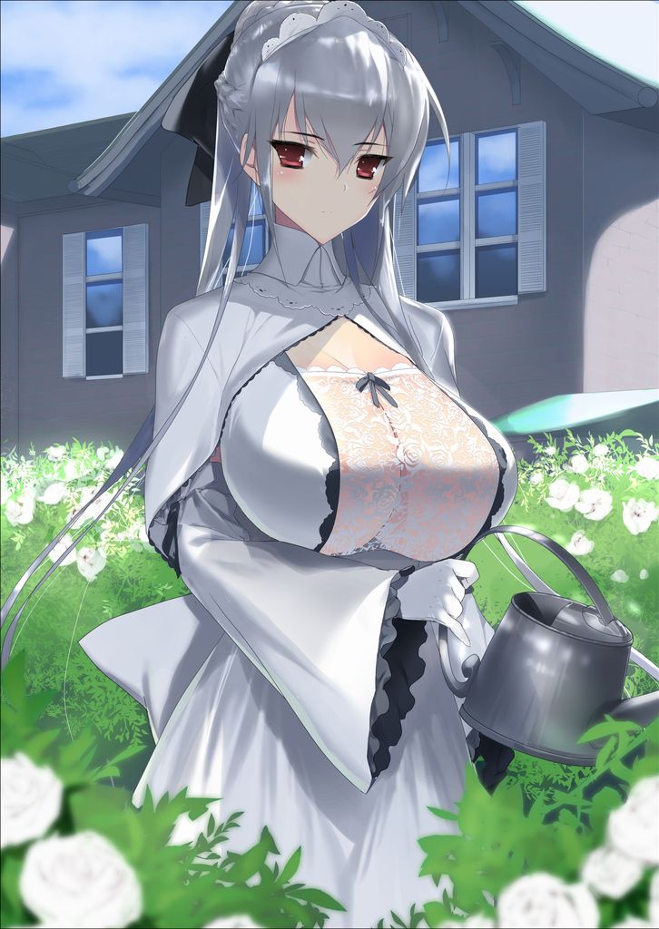 1girl bangs blue_sky braid breasts cleavage commentary_request dress flower french_braid gloves hair_between_eyes hima house lace large_breasts maid maid_headdress original outdoors red_eyes sidelocks silver_hair sky watering watering_can white_dress white_gloves wide_sleeves