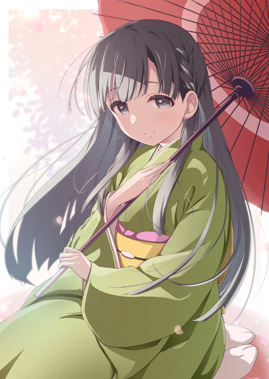 1girl akisaka_yamoka black_legwear breasts green_kimono highres idolmaster idolmaster_cinderella_girls japanese_clothes kimono kobayakawa_sae long_hair oil-paper_umbrella small_breasts umbrella very_long_hair