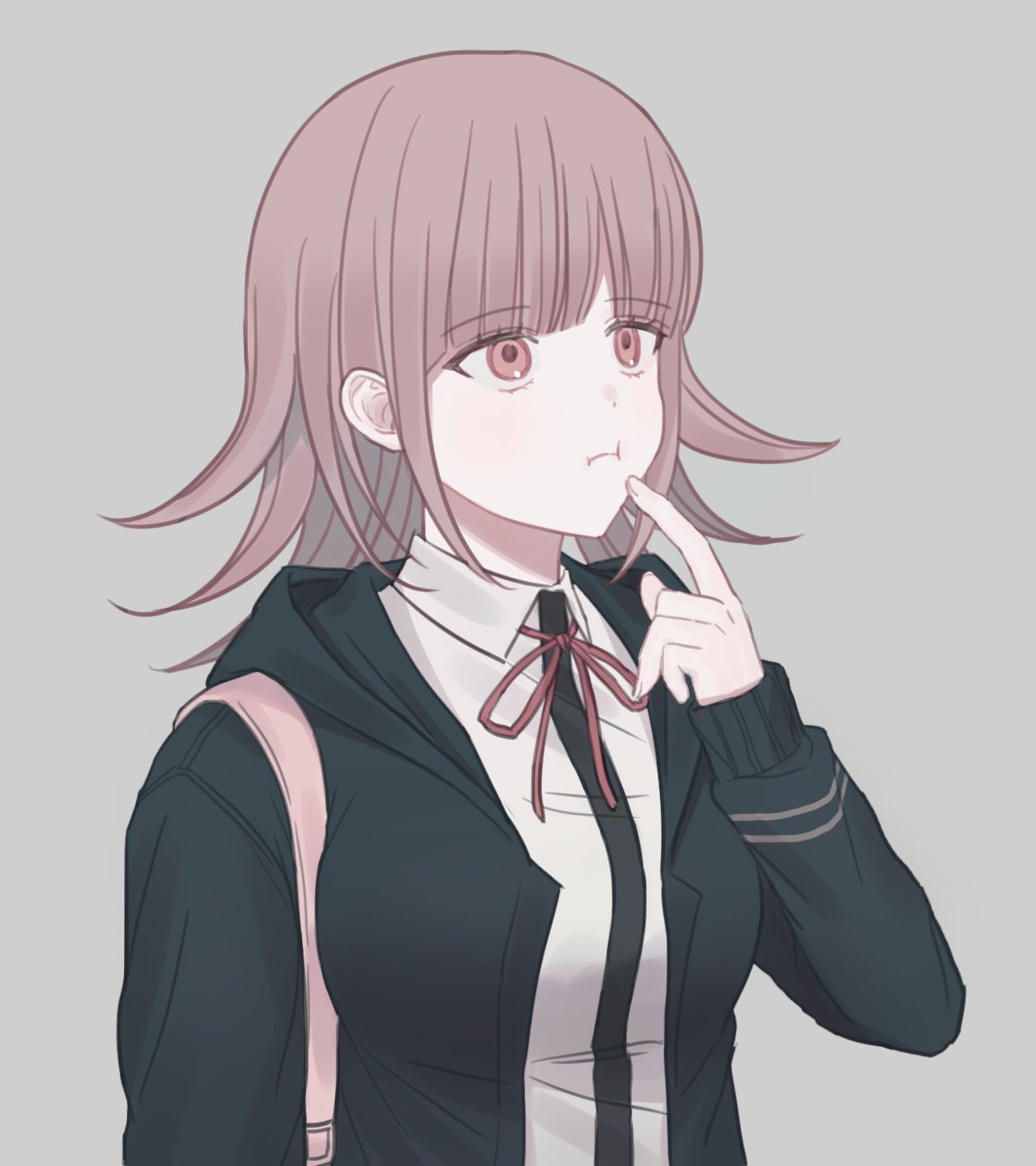 1girl :t backpack bag bangs black_jacket black_ribbon black_shirt blunt_bangs breasts brown_hair closed_mouth collared_shirt commentary_request danganronpa_(series) danganronpa_2:_goodbye_despair eyebrows_visible_through_hair flipped_hair grey_background hair_ornament hand_up highres hood hooded_jacket jacket jecheubo large_breasts long_sleeves looking_at_viewer medium_hair nanami_chiaki neck_ribbon open_clothes open_jacket pink_eyes ribbon shirt sleeves_past_wrists solo upper_body white_shirt