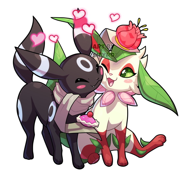 &lt;3 alpha_channel amagi_brilliant_park ambiguous_gender blitzdrachin blush conditional_dnp crown digitigrade duo eeveelution eyes_closed fan_character feral flower green_eyes leafeon looking_at_another macaron nintendo nuzzling one_eye_closed paws plant pok&eacute;mon pok&eacute;mon_(species) quadruped rose_(flower) rubbing_cheek shaded simple_background transparent_background umbreon video_games