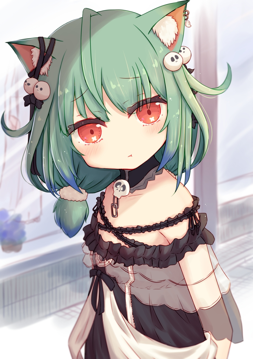 1girl :t animal_ear_fluff animal_ears bangs bare_shoulders black_dress cat_ears closed_mouth commentary_request dress eyebrows_visible_through_hair frilled_dress frills green_hair hair_ornament highres hololive looking_at_viewer low_twintails off-shoulder_dress off_shoulder pout red_eyes ridy_(ri_sui) see-through short_twintails solo twintails uruha_rushia virtual_youtuber