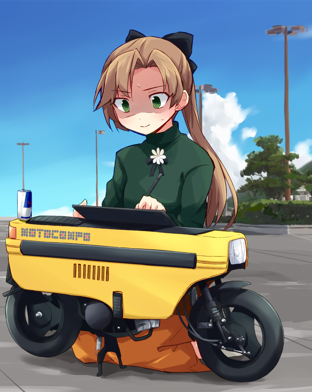 1girl akigumo_(kancolle) black_ribbon blue_sky brown_hair can cloud commentary_request day drawing_tablet energy_drink green_eyes green_shirt ground_vehicle hair_ribbon highres kakizaki_(chou_neji) kantai_collection left-handed long_hair long_skirt long_sleeves minibike moped motocompo motor_vehicle motorcycle official_alternate_costume orange_skirt outdoors ponytail red_bull ribbon seiza shaded_face shirt sitting skirt sky solo stylus tree