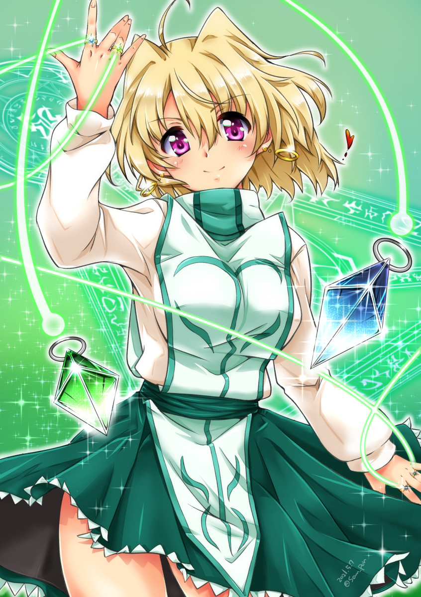 1girl ahoge artist_name blonde_hair blush breasts closed_mouth dated earrings eyebrows_visible_through_hair green_skirt heart highres jewelry large_breasts looking_at_viewer lyrical_nanoha magic magic_circle magical_girl mahou_shoujo_lyrical_nanoha mahou_shoujo_lyrical_nanoha_a's mahou_shoujo_lyrical_nanoha_strikers miniskirt purple_eyes san-pon shamal shiny shiny_hair short_hair skirt smile solo