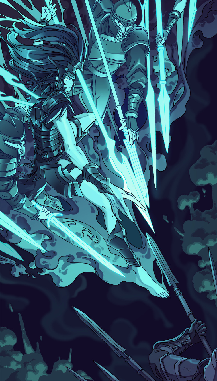 1girl 3boys aqua_hair aqua_theme armor barefoot colored_skin helmet highres holding holding_weapon kalista league_of_legends long_hair multiple_boys no_pupils open_mouth parted_lips polearm sanatorium_industries spear sword weapon