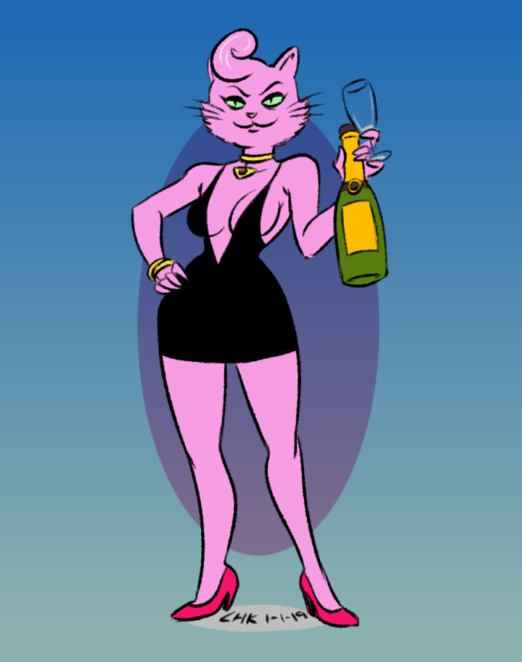 2019 5_fingers anthro bedroom_eyes bojack_horseman breasts cat choker cleavage clothed clothing dress feline female fur green_sclera half-closed_eyes hand_on_hip holding_object lhk mammal pink_fur pose princess_carolyn seductive side_boob simple_background slit_pupils smile solo standing