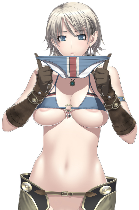 areolae armlet bangs bikini blonde_hair blue_eyes breasts chaps cleavage demento earrings elbow_gloves fiona_belli gloves jewelry kansuke large_breasts navel necklace o-ring o-ring_top short_hair simple_background solo swimsuit underboob