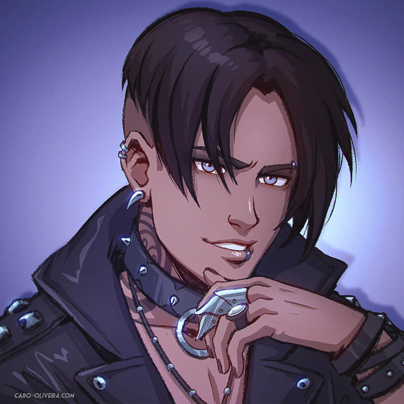 1boy alternate_costume alternate_hairstyle alternate_universe avatar:_the_last_airbender avatar_(series) black_hair blue_eyes caro_oliveira choker claw_ring collar contemporary dark_skin dark_skinned_male ear_piercing english_commentary eyebrow_piercing gothic jacket jewelry leather leather_jacket lip_piercing looking_at_viewer male_focus neck_tattoo necklace nose o-ring o-ring_choker piercing portrait ring short_hair sokka spiked_collar spikes studded_jacket tattoo tribal_tattoo undercut