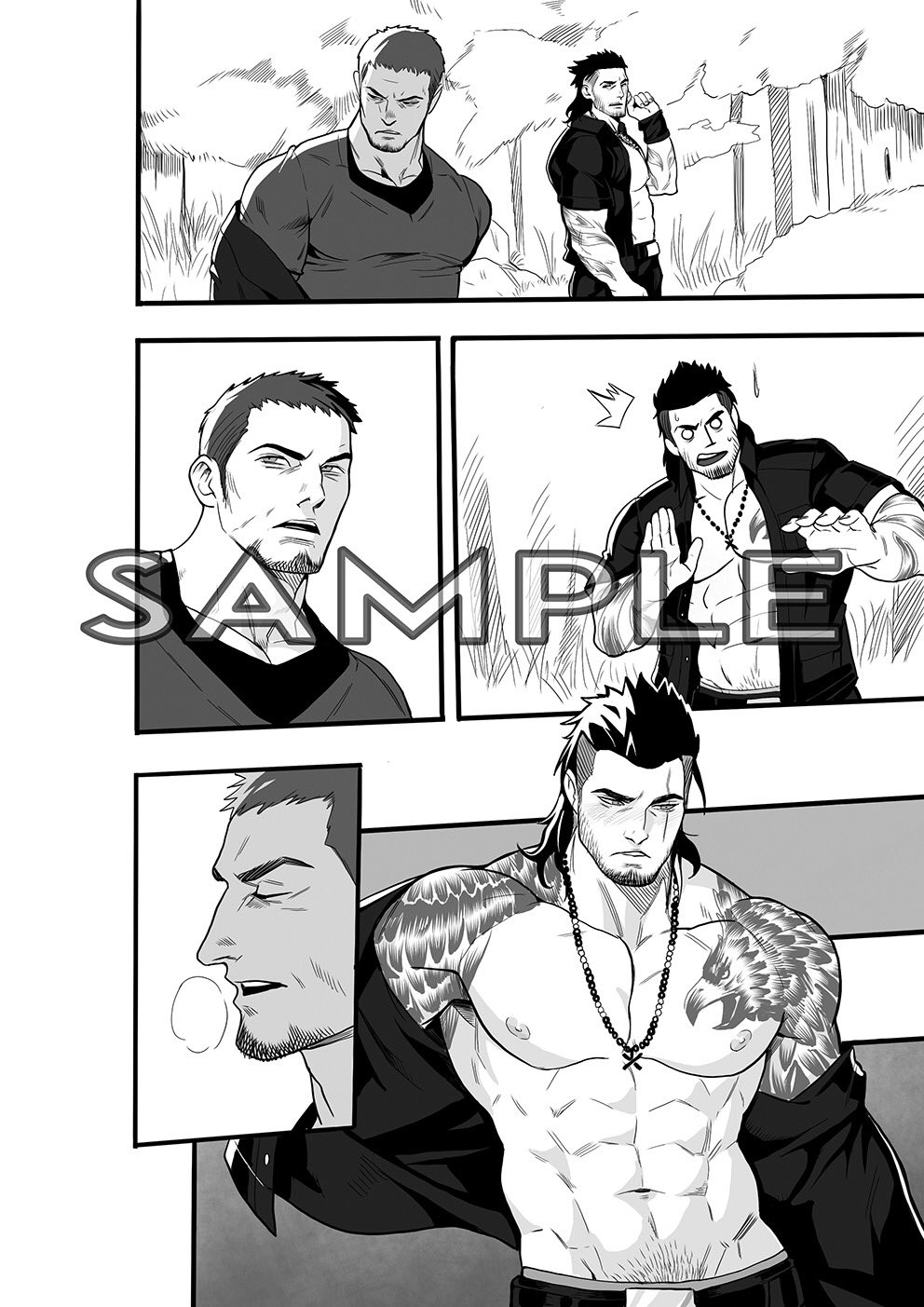 2boys abs alejandro_tio arm_tattoo bara bare_pectorals beard blush cor_leonis doujinshi facial_hair final_fantasy final_fantasy_xv gladiolus_amicitia goatee greyscale highres jacket jewelry large_pectorals male_focus mature_male medium_hair monochrome multiple_boys muscular muscular_male navel navel_hair necklace nipples open_clothes open_jacket pectorals reward_available sample short_hair sideburns stomach stubble tattoo undercut yaoi