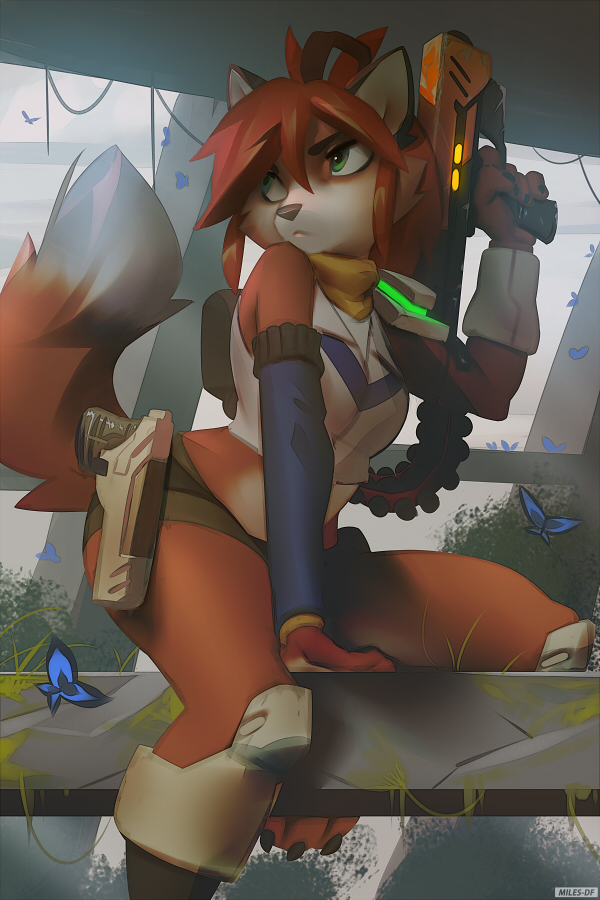 accessory ammo_belt anthro arthropod butterfly canid canine female fox gun hair_accessory hair_ribbon handgun insect lepidopteran mammal midriff miles_df moss pistol plant ranged_weapon ribbons solo weapon