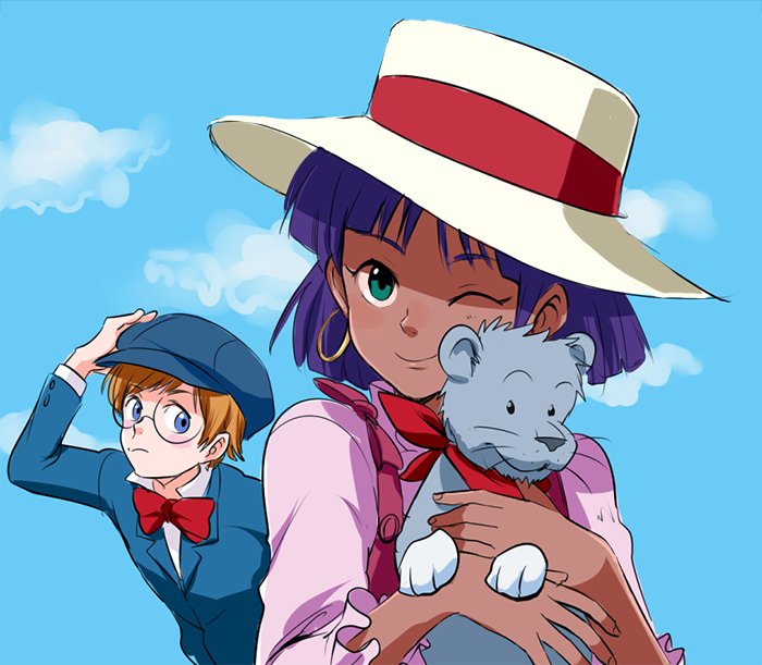 1girl blue_eyes brown_hair butanoketu_gto closed_mouth cloud dark_skin dark_skinned_female earrings fushigi_no_umi_no_nadia glasses hat jean_roque_lartigue jewelry king_(nadia) looking_at_viewer nadia short_hair smile