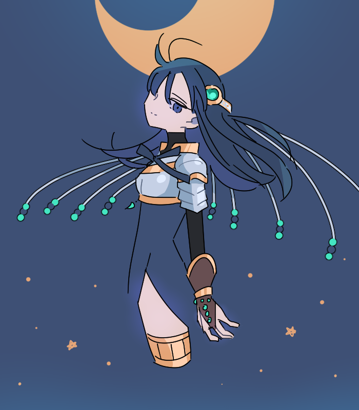 1girl arm_at_side armor beads blue_background blue_dress blue_eyes blue_hair blue_ribbon blue_theme breasts brown_gloves closed_mouth crescent_moon dress floating_hair gloves hair_over_one_eye head_tilt headpiece jewelry jitome light_smile limited_palette long_hair looking_at_viewer magia_record:_mahou_shoujo_madoka_magica_gaiden mahou_shoujo_madoka_magica moon muted_color nanami_yachiyo neck_ribbon ribbon shoulder_armor side_slit sideboob simple_background small_breasts solo spaulders star_(symbol) starry_background thighlet thighs turtleneck yuri7s0