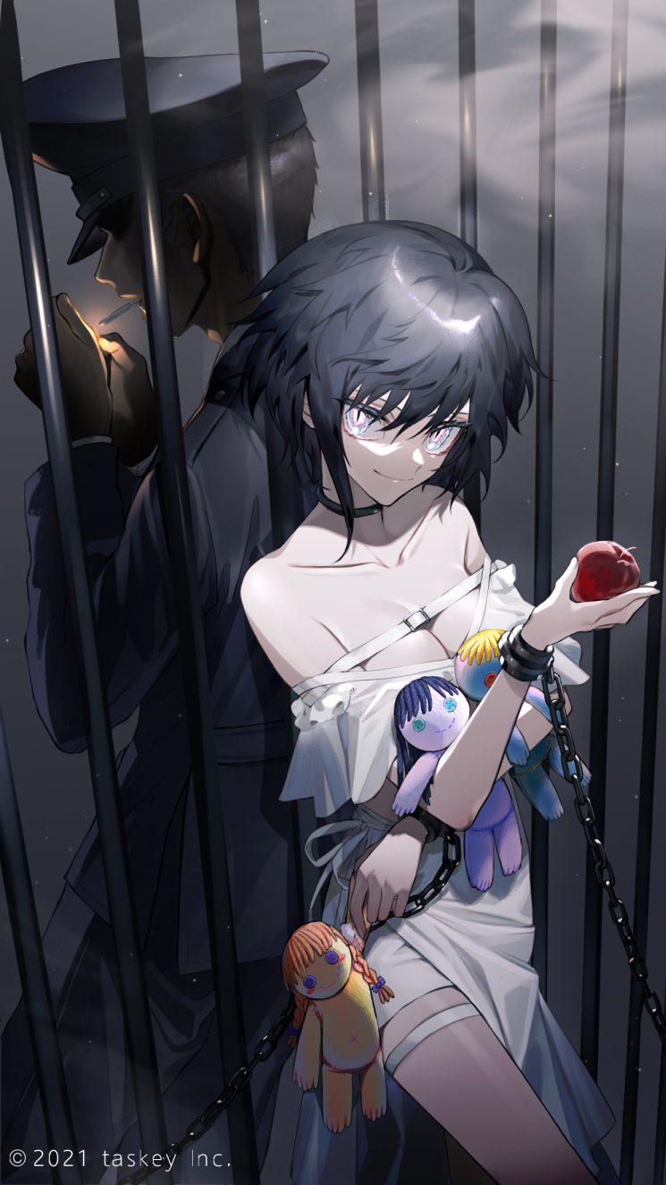 1boy 1girl apple bare_shoulders bars black_choker black_hair black_headwear black_jacket black_pants breasts chain choker cigarette cleavage closed_mouth collarbone commentary_request copyright_request cuffs doll doll_hug dress food fruit grey_eyes haizome_senri hat highres holding holding_food holding_fruit jacket looking_at_viewer medium_breasts off-shoulder_dress off_shoulder official_art pants peaked_cap red_apple short_hair smile smoke smoking watermark white_dress