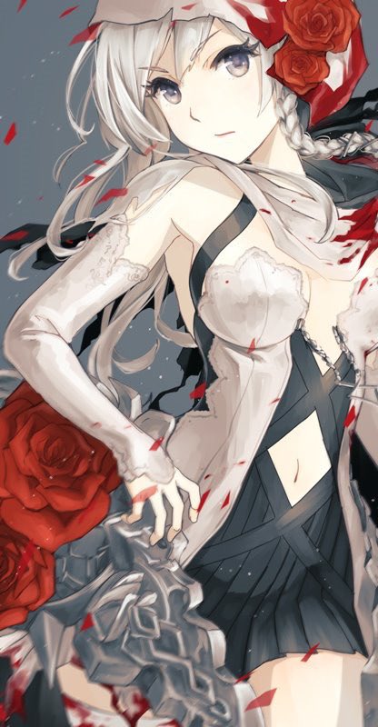 1girl armor armored_dress asymmetrical_bangs bandages bangs blood bloody_bandages bloody_clothes braid cleavage_cutout closed_mouth clothing_cutout detached_sleeves expressionless flower grey_background hood hood_up looking_at_viewer moo_alice_moo navel navel_cutout petals rose rose_petals shorts sidelocks sinoalice snow_white_(sinoalice) solo