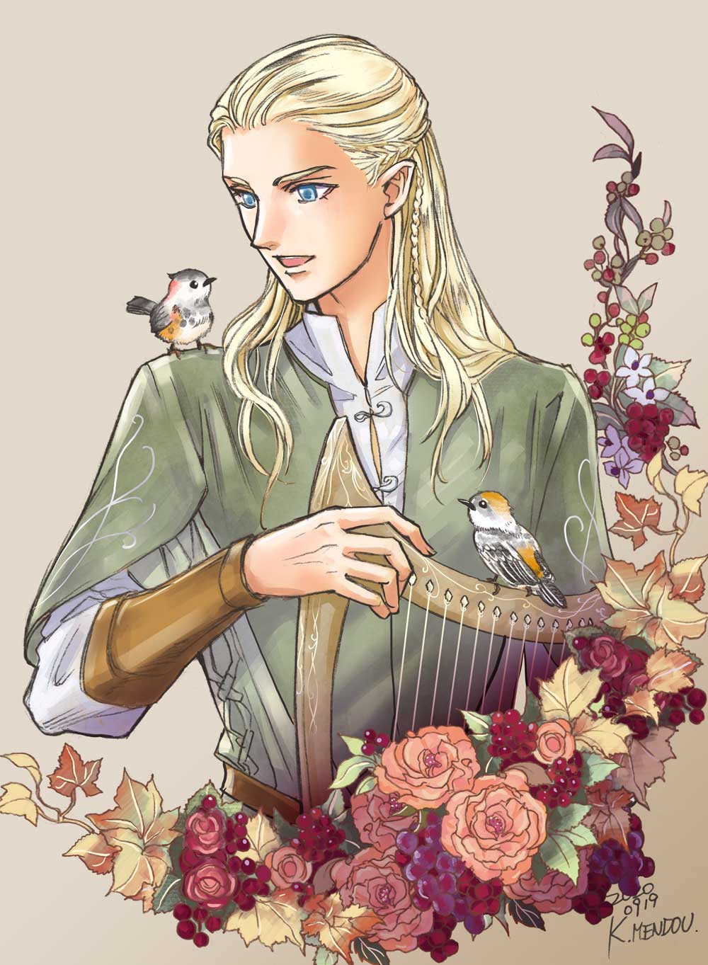 1boy bird blonde_hair blue_eyes braid coat flower grey_background hair_slicked_back harp highres instrument kazuki-mendou legolas lord_of_the_rings male_focus orange_flower orange_rose pointy_ears rose side_braid signature simple_background smile solo upper_body