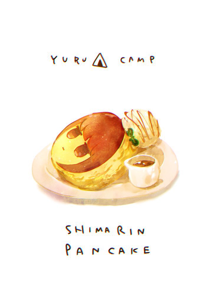 bangs caramel copyright english_text food food_focus hair_bun ice_cream looking_away mint_(mintlemonade3) pancake plate sauce shadow shima_rin simple_background syrup tent u_u white_background yurucamp