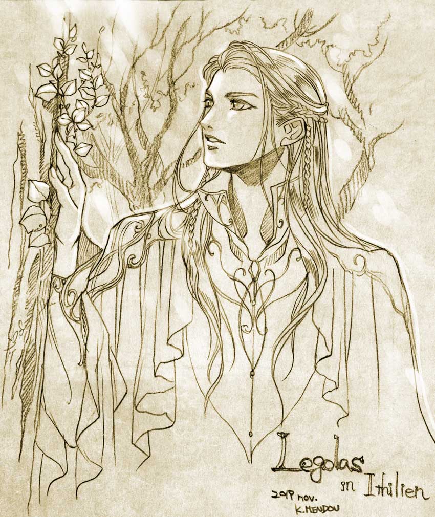 1boy braid dated green_theme hand_up ivy kazuki-mendou legolas long_hair lord_of_the_rings male_focus monochrome one-hour_drawing_challenge parted_lips robe signature solo traditional_media