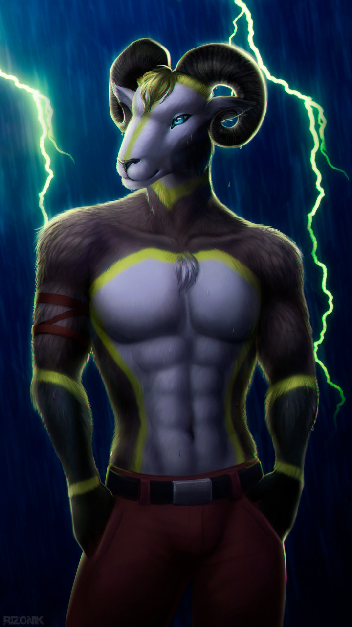 2021 9:16 anthro blue_eyes bottomwear bovid brown_body caprine clothed clothing colored detailed digital_drawing_(artwork) digital_media_(artwork) digital_painting_(artwork) english_text fur fur_markings fur_tuft glowing hair hi_res horn male mammal markings muscular muscular_anthro muscular_male nude pants ram_horns rizonik shaded solo text tuft watermark white_body yellow_body