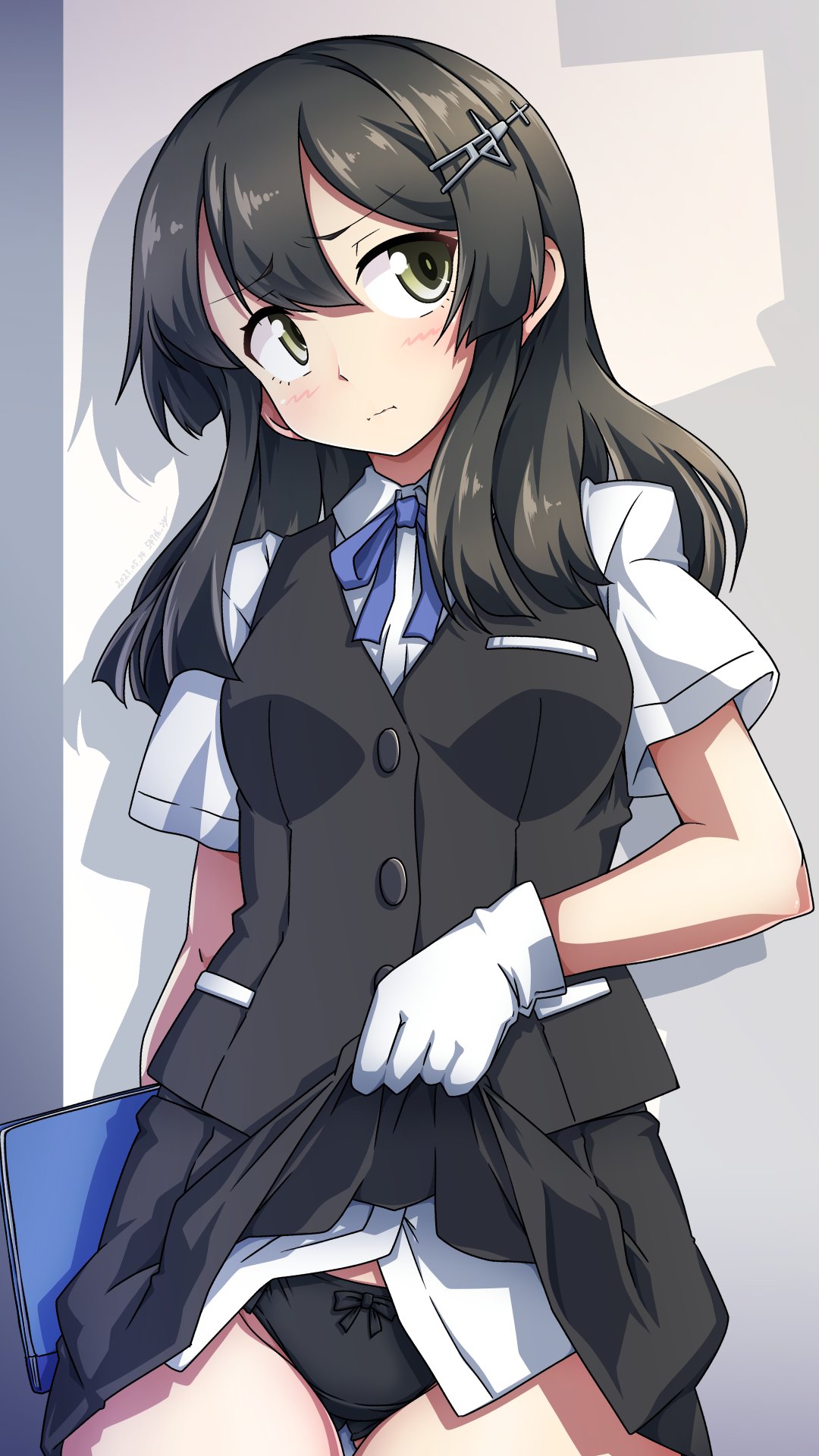 1girl 547th_sy bangs black_hair black_panties black_skirt black_vest blue_neckwear blush breasts closed_mouth dated eyebrows_visible_through_hair gloves hair_between_eyes hair_ornament hairclip highres holding kantai_collection lifted_by_self long_hair neck_ribbon oyashio_(kancolle) panties ribbon shirt signature skirt skirt_lift small_breasts solo underwear vest white_gloves white_shirt yellow_eyes