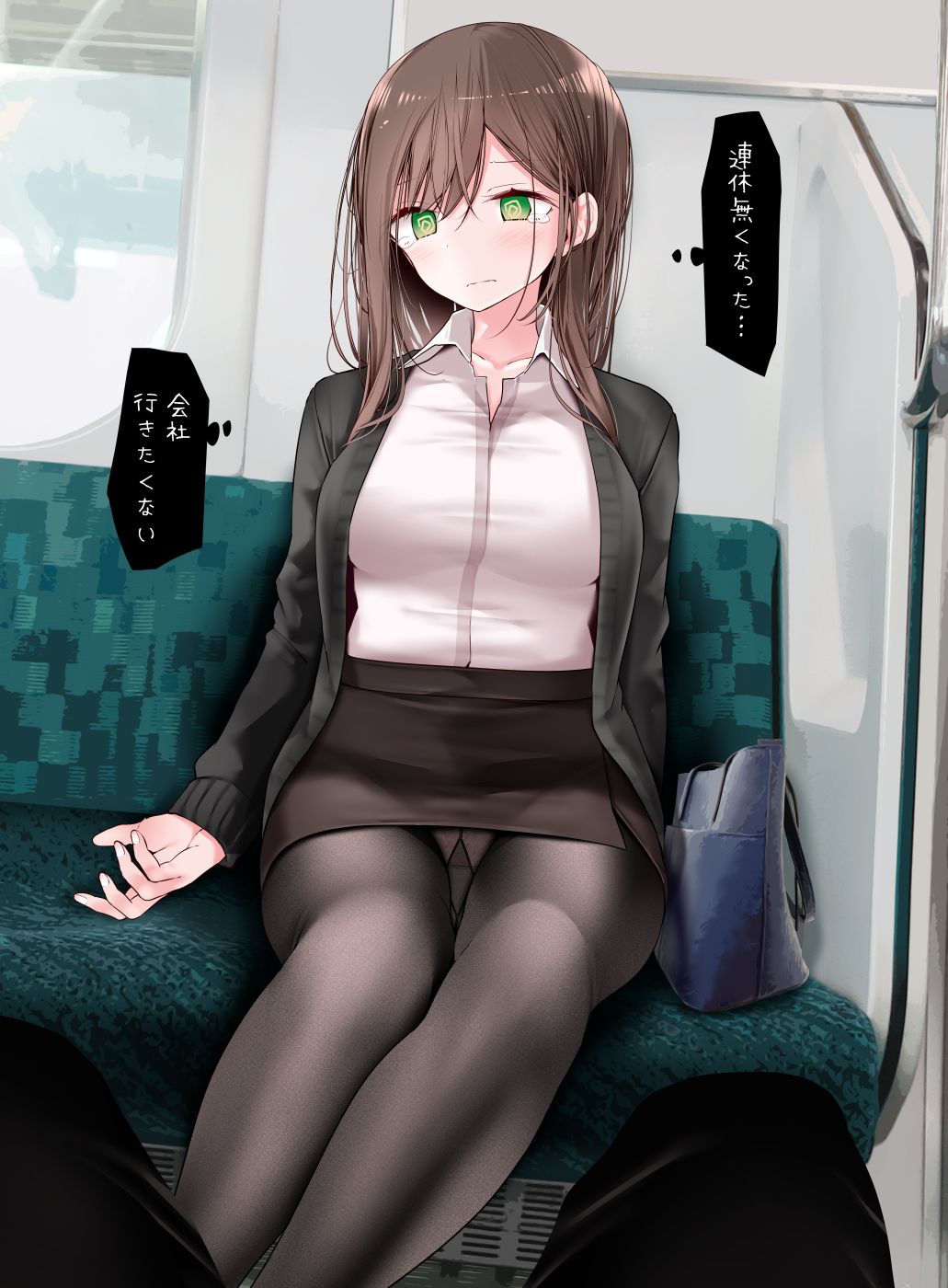 1boy 1girl @_@ black_legwear breasts brown_hair green_eyes highres long_hair ol-chan_(oouso) oouso original panties panties_under_pantyhose pantyhose penis sitting solo_focus tears train_interior underwear