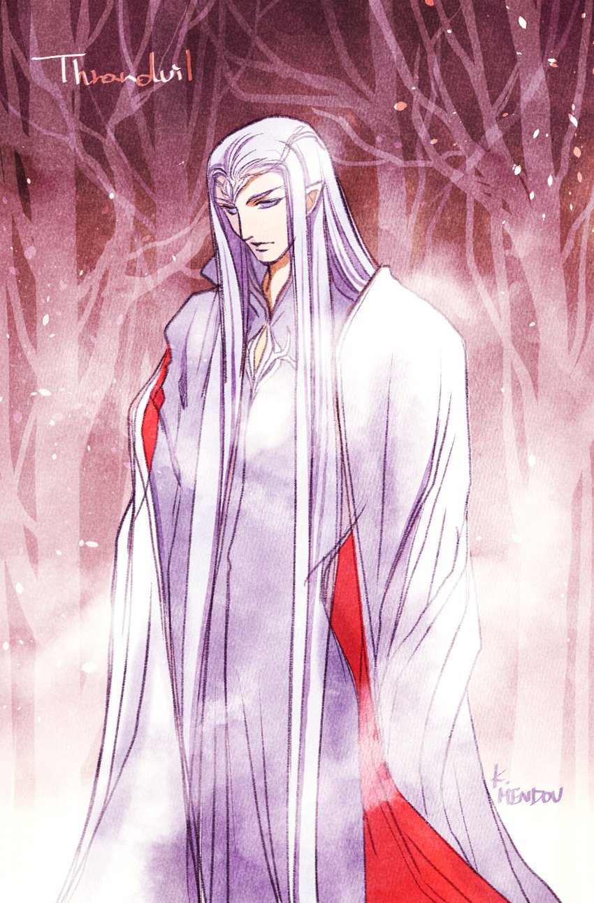 1boy cloak closed_mouth highres kazuki-mendou limited_palette long_hair male_focus one-hour_drawing_challenge pointy_ears purple_eyes purple_hair red_background signature solo standing the_hobbit thranduil tree very_long_hair