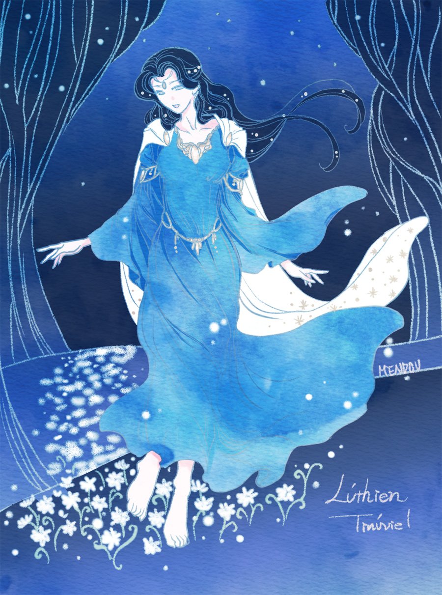 1girl barefoot blue_dress blue_theme dress field floating_hair flower flower_field highres kazuki-mendou long_dress long_hair long_sleeves looking_at_viewer luthien monochrome one-hour_drawing_challenge signature silmarillion smile solo wide_sleeves