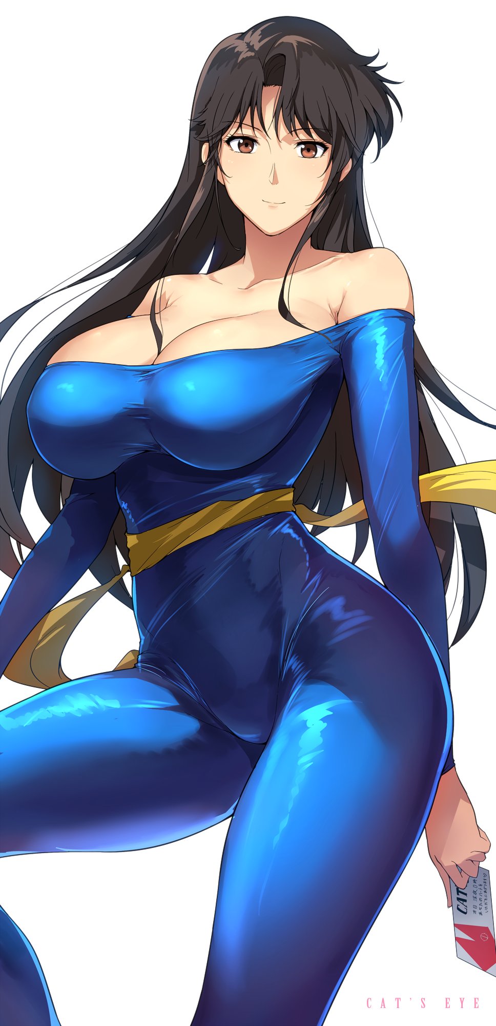 1girl bangs bare_shoulders blue_bodysuit blush bodysuit breasts brown_eyes brown_hair card cat's_eye cleavage closed_mouth collarbone copyright_name halcon highres kisugi_hitomi large_breasts long_hair looking_at_viewer sash smile thighs