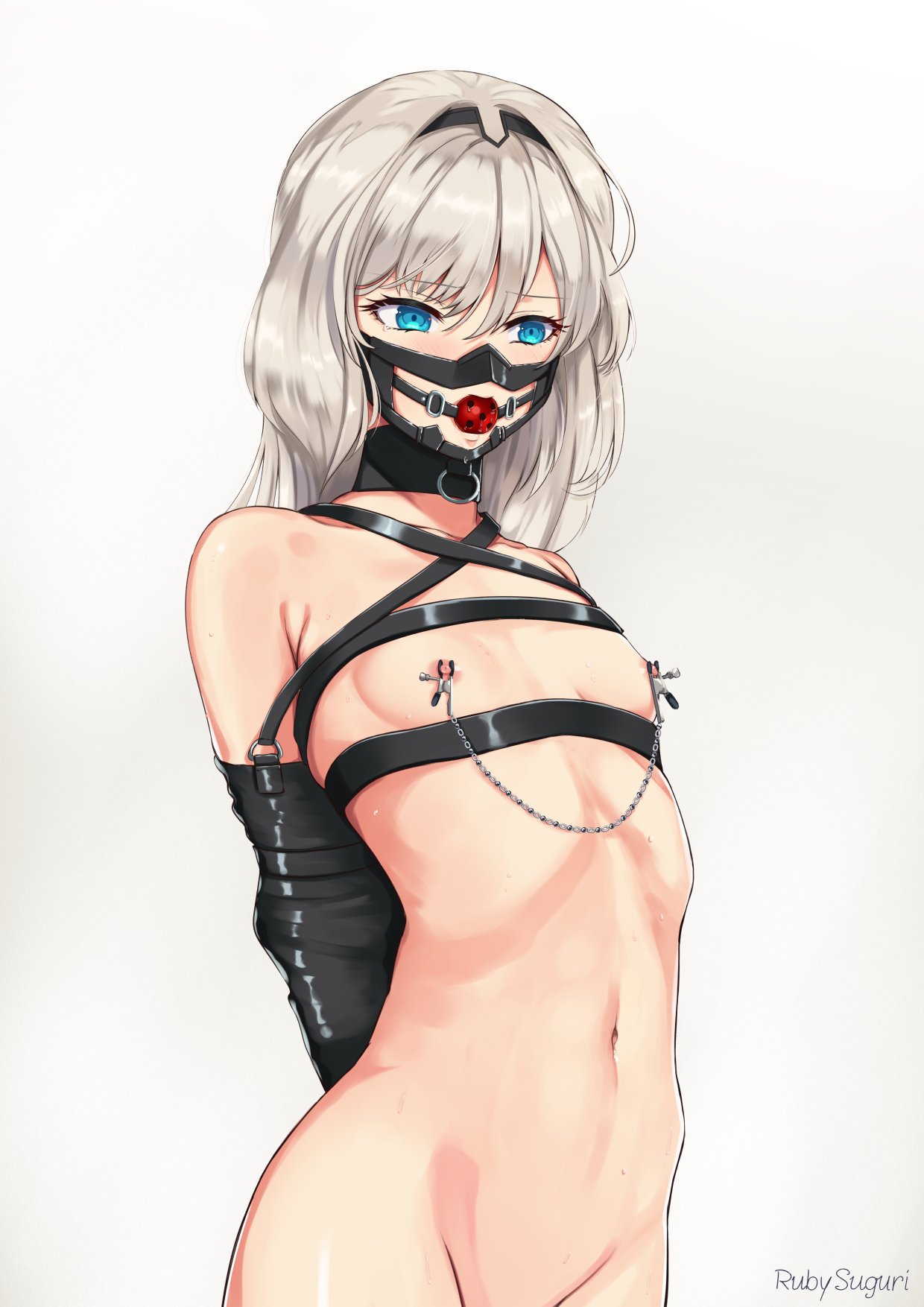 1girl an-94_(girls_frontline) bangs bdsm blue_eyes breasts chain choker eyebrows eyebrows_visible_through_hair flat_chest gagged girls_frontline highres lewdsuguri nipple_piercing piercing ruby_suguri solo white_hair