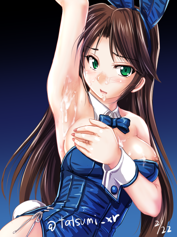 1girl animal_ears arm_up armpits artist_name bare_shoulders blue_background blue_bow blue_leotard blue_neckwear blush bow bowtie breasts brown_hair bunny_ears bunny_tail clip_studio_paint_(medium) collarbone commentary_request cum cum_on_armpits cum_on_body cum_on_breasts cum_on_lips dated detached_collar eyebrows_visible_through_hair facial fake_animal_ears fingernails gradient gradient_background green_eyes hand_on_own_chest large_breasts leotard long_fingernails long_hair nail_polish nipples original playboy_bunny ribbon shiny shiny_clothes signature solo strapless strapless_leotard tail tatsumi_ray twitter_username upper_body very_long_hair wrist_cuffs