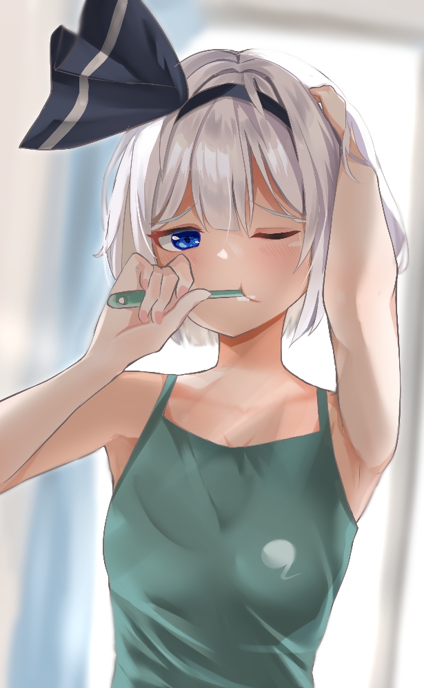 1girl 258n :t arm_up blue_eyes blurry blurry_background blush breasts brushing_teeth commentary_request furrowed_eyebrows green_tank_top hair_ribbon hairband hitodama_print indoors konpaku_youmu long_hair medium_breasts one_eye_closed ribbon short_hair silver_hair solo tank_top touhou upper_body