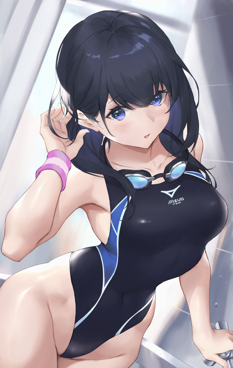 1girl bangs bare_shoulders black_hair black_swimsuit blue_eyes blush breasts collarbone competition_swimsuit covered_navel goggles goggles_around_neck gridman_universe highleg highleg_swimsuit highres large_breasts long_hair looking_at_viewer one-piece_swimsuit open_mouth parfaitlate shower_(place) showering ssss.gridman swimsuit takarada_rikka