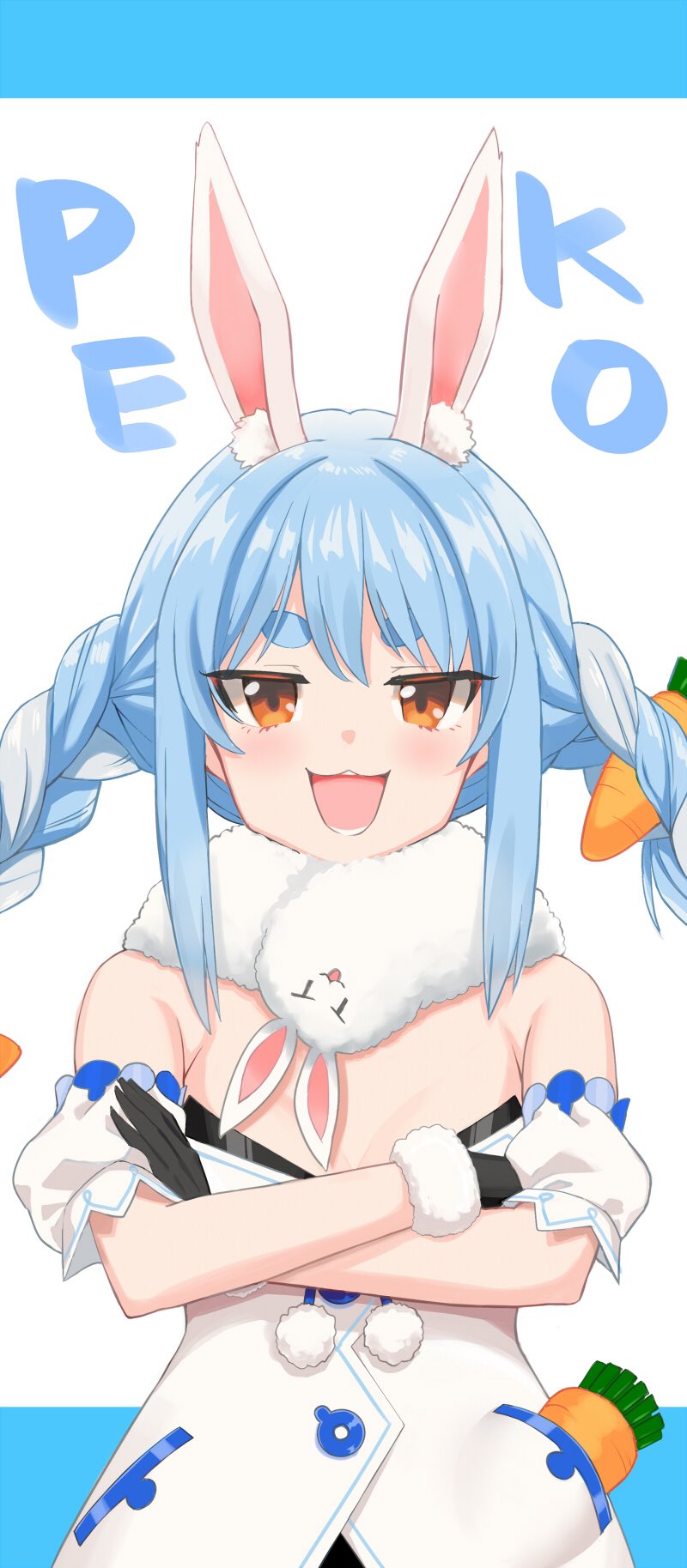 1girl :3 animal_ears black_gloves blue_hair breasts bunny_ears carrot_hair_ornament chameleon_(ryokucha_combo) cleavage crossed_arms detached_sleeves don-chan_(usada_pekora) eyebrows_behind_hair food_themed_hair_ornament gloves grey_hair hair_ornament highres hololive open_mouth rabbit_girl sidelocks small_breasts smile solo thick_eyebrows upper_body usada_pekora virtual_youtuber