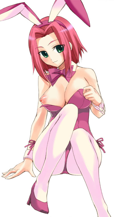 animal_ears blush breasts bunny_ears bunnysuit code_geass fake_animal_ears green_eyes high_heels kallen_stadtfeld large_breasts leotard nipples otabe_sakura pantyhose pink_hair pink_leotard puffy_nipples red_hair shoes short_hair solo