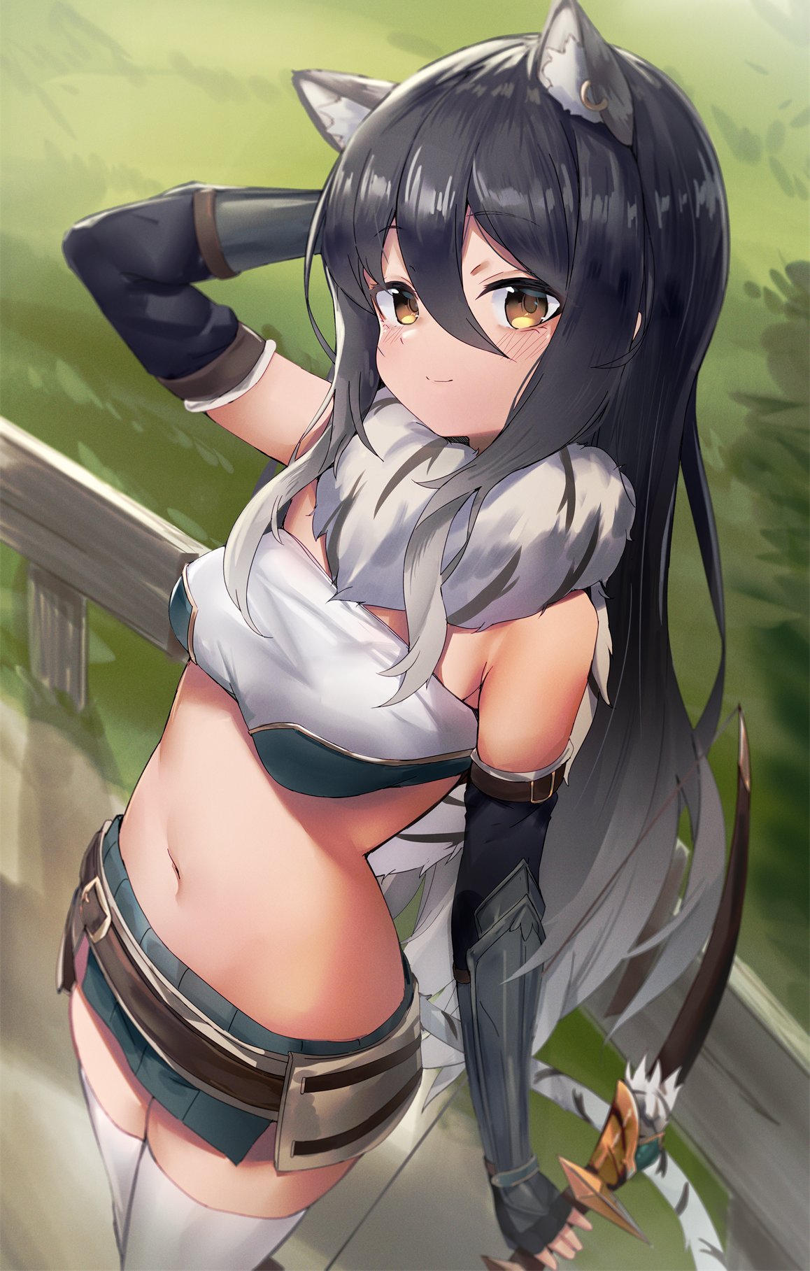 1girl animal_ear_fluff animal_ears arm_behind_head arm_up bandeau bangs bare_shoulders belt black_hair bow_(weapon) breasts brown_belt capelet closed_mouth commentary cowboy_shot ear_piercing eyebrows_visible_through_hair fur_capelet gauntlets gloves gradient_hair green_skirt hair_between_eyes highres holding holding_bow_(weapon) holding_weapon kure_(kure_ng) long_hair looking_at_viewer midriff miniskirt multicolored_hair navel outdoors piercing princess_connect! princess_connect!_re:dive shiori_(princess_connect!) sidelocks skindentation skirt small_breasts smile solo standing striped_tail tail thighhighs tiger_ears tiger_tail weapon white_legwear yellow_eyes zettai_ryouiki