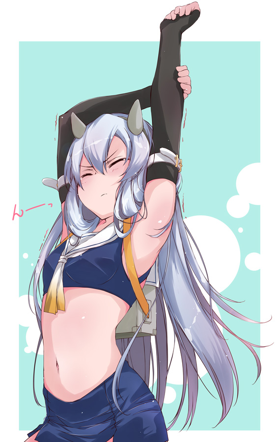 1girl arm_up black_gloves blush closed_eyes closed_mouth cowboy_shot elbow_gloves fingerless_gloves gloves hair_between_eyes headgear i-203_(kancolle) kantai_collection long_hair navel sailor_collar silver_hair sleeveless solo white_sailor_collar yumesato_makura