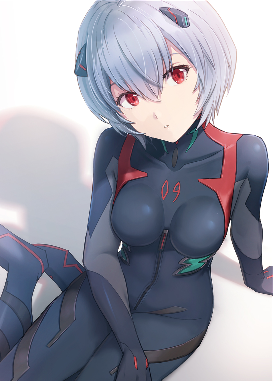 1girl ayanami_rei bangs black_bodysuit blue_hair bodysuit breasts commentary eyebrows_visible_through_hair eyes_visible_through_hair from_above hand_on_floor hand_on_own_thigh head_tilt headgear highres hyuuga_azuri interface_headset long_sleeves looking_at_viewer multicolored multicolored_clothes neon_genesis_evangelion number parted_lips pilot_suit plugsuit rebuild_of_evangelion red_eyes shadow short_hair simple_background sitting sitting_on_floor solo white_background zipper