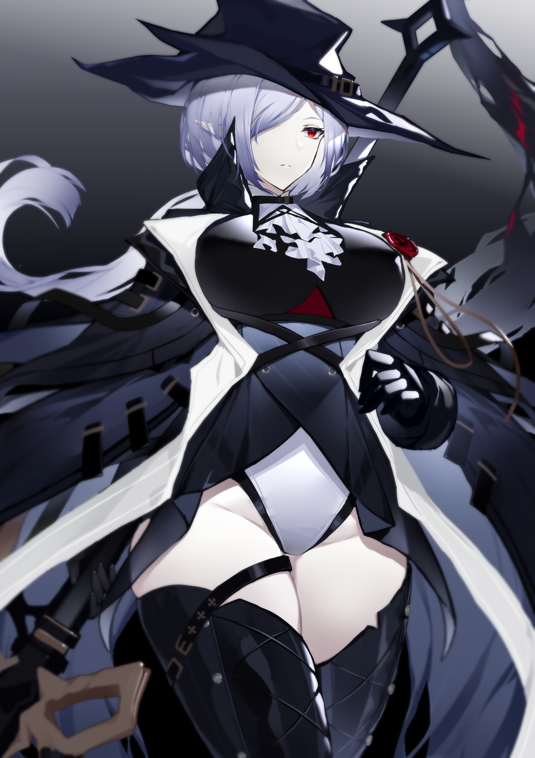 1girl arknights ascot black_background black_coat black_dress black_gloves black_headwear black_legwear breasts chinese_commentary coat commentary_request cowboy_shot dress gladiia_(arknights) gloves hat highres holding holding_spear holding_weapon large_breasts looking_away pants pointy_ears polearm red_eyes silver_hair spear thighhighs tight tight_pants weapon white_background white_neckwear white_pants yuxian_youka