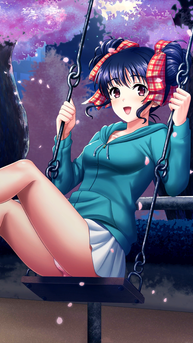 1girl :d bangs blue_hair breasts cherry_blossoms collarbone double_bun doukyuusei_2 doukyuusei_another_world eyebrows_visible_through_hair game_cg hair_between_eyes hair_ribbon hood hood_down hooded_cardigan long_sleeves medium_breasts miniskirt narusawa_yui night official_art open_mouth outdoors panties pantyshot pink_panties plaid plaid_ribbon pleated_skirt red_eyes ribbon shiny shiny_hair short_hair sitting skirt smile solo tied_hair underwear white_skirt zipper